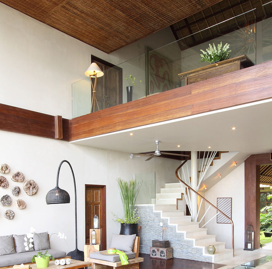 The living area and mezzanine at Villa Melissa