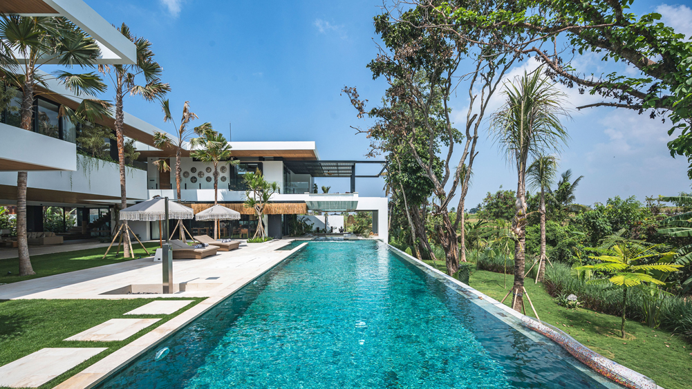 Villa Nica's 25-metre saltwater pool overlooking green rice fields in Pererenan, Canggu