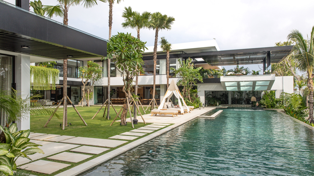 Villa Norbu, a modern glass-walled villa with a pool overlooking rice fields in Canggu