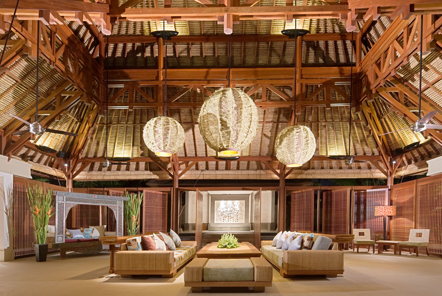 Inside the open-air wantilan-style living pavilion at Villa Puri Bawana