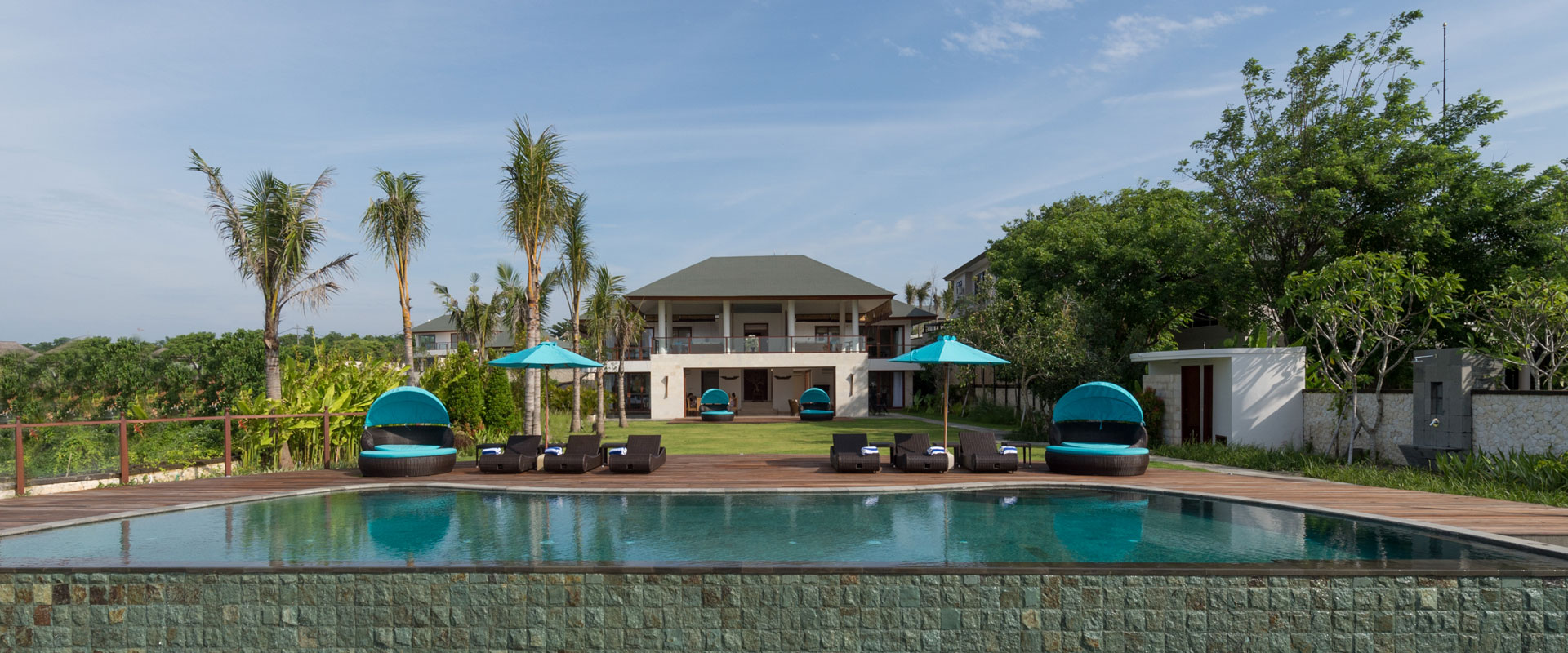 Villa Rose's infinity pool and two-storey pavilion at Pandawa Cliff Estate, Ungasan, Bali