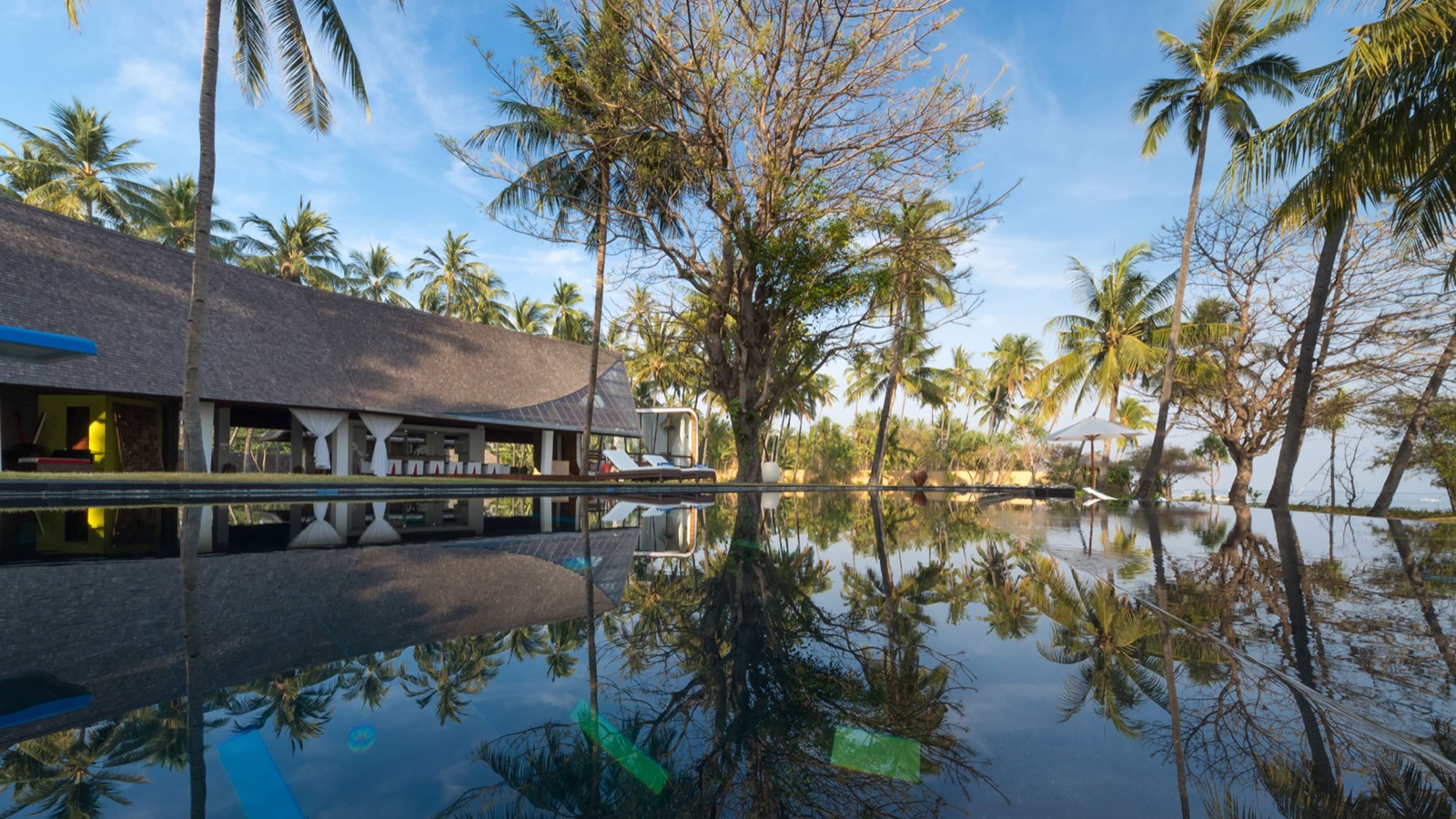 The 21-metre pool at Villa Sapi mirroring the main pavilion and the coconut palms, Sira Beach, Lombok
