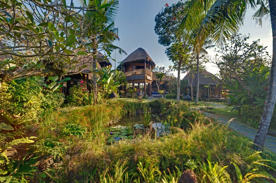 Villa Taman Ahimsa's tropical garden and lily pond at dusk, with thatched pavilions behind