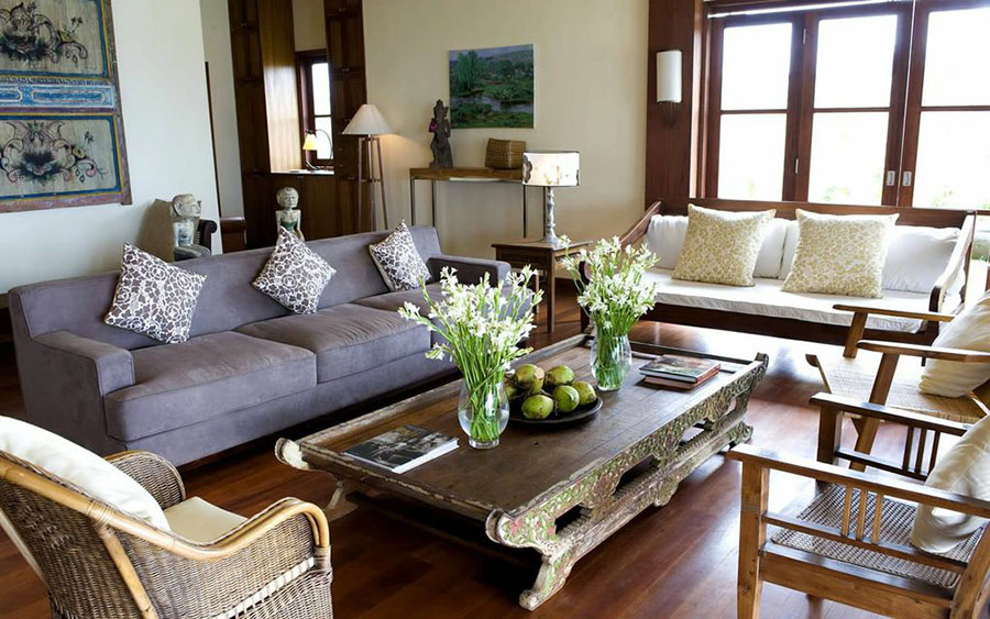 Living room at Villa Waringin, colonial-Balinese interior