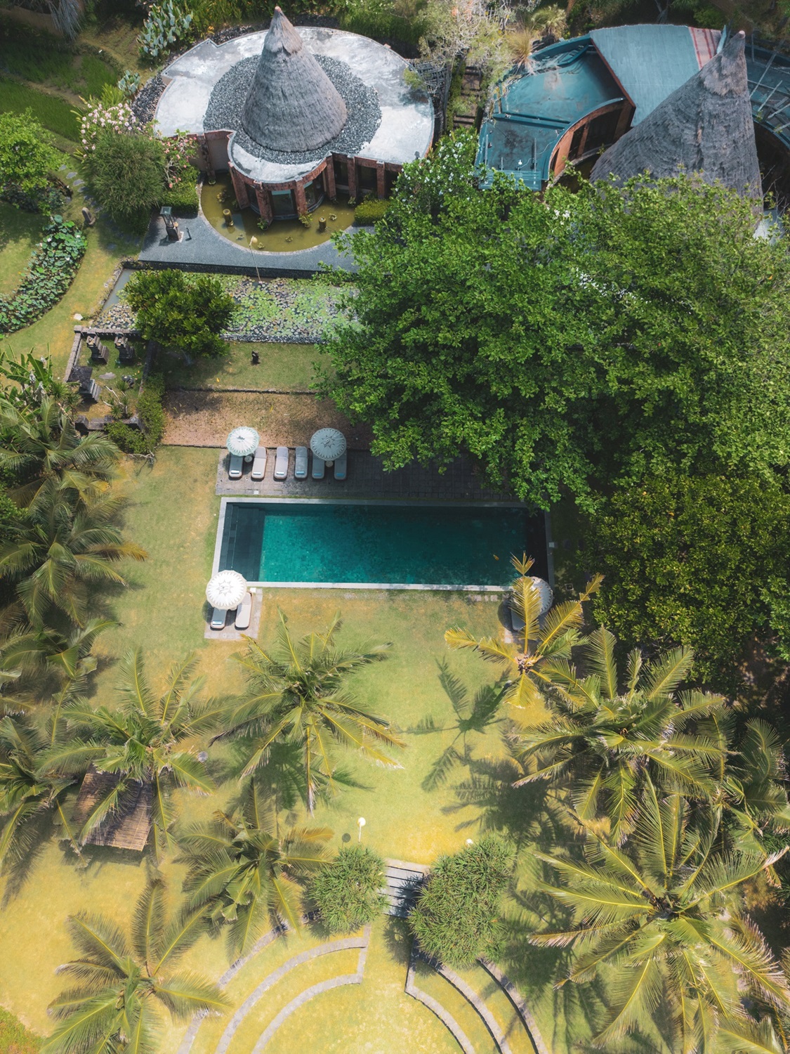 Aerial view of WakaGangga Resort and the black-sand Yeh Gangga coast, Tabanan