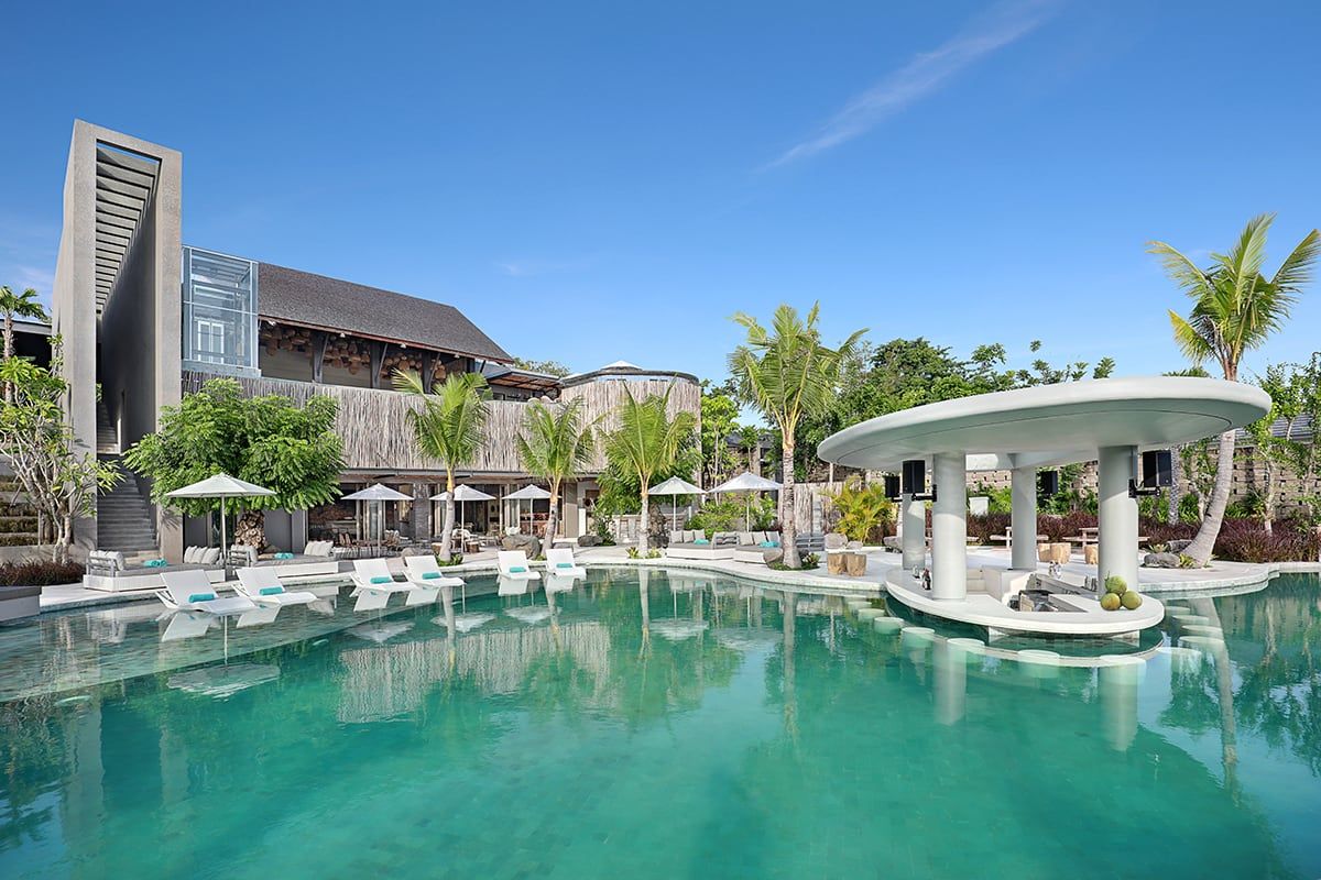 The pool terrace at Cross Bali Breakers overlooking the ocean, a reception setting